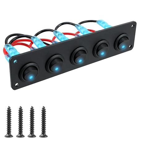 5 Gang Rocker Switch Panel 12V-24V 20A Pre-Wired Round Waterproof On/Off