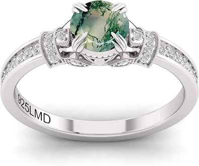 925 Sterling Silver 6MM Round Natural Gemstone Engagement Ring for Women Moss Agate | Birthstone Promise Ring, Anniversary Jewelry
