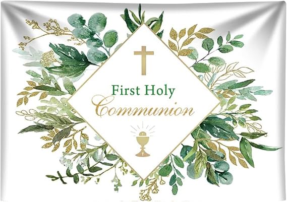 6x4ft First Holy Communion Backdrop God Bless Baptism Party Photography Background Green Gold Eucalyptus Leaves Christening Birthday Party Baby Shower Banner Decor Supplies Photo Booth Props