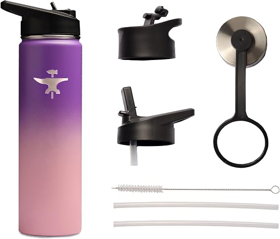 BodyForge Sports Water Bottle - 22oz, 3 Lids & Straw Lid, Leak Proof Stainless Steel Gym & Sport Bottles for Men, Women & Kids - Double Walled, Insulated Thermos, Metal Canteen