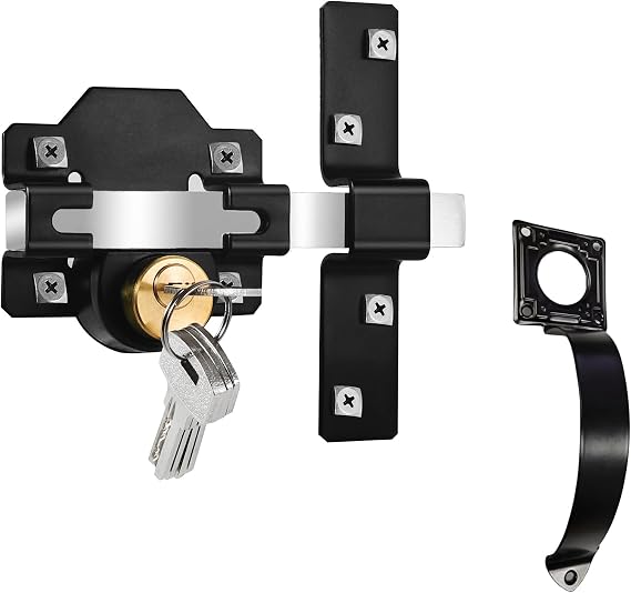 Long Throw Gate Lock with Handle, 70mm, Double Locking, Mortise Lock for Wooden Gate, 5 Keys