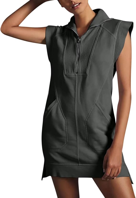 Sweatshirt Dress for Women Cap Sleeve Lapel V Neck Half Zip Tennis Dress Summer Pullover Tunic Mini Dress with Pockets