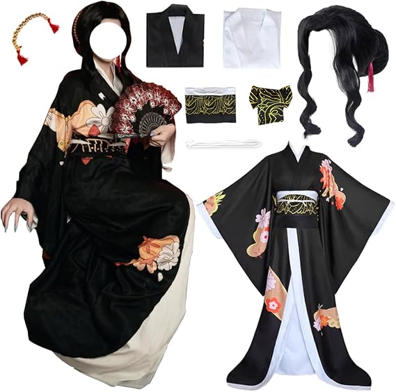 Women Costume Black Kimono Uniform Halloween Dress Full Set Wig