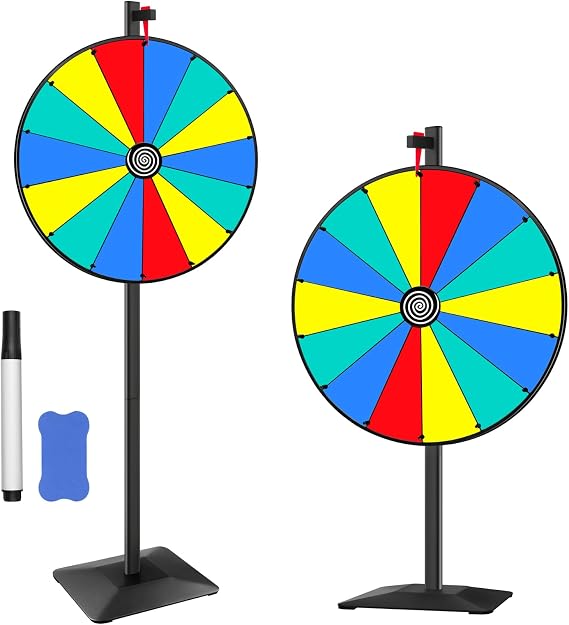 Pionites 24 Inch Prize Wheel Tabletop orFloor Stand Fortune Spin with Dry Erase Marker and Eraser for Engaging Home Parties, Trade Show, Carnival Events