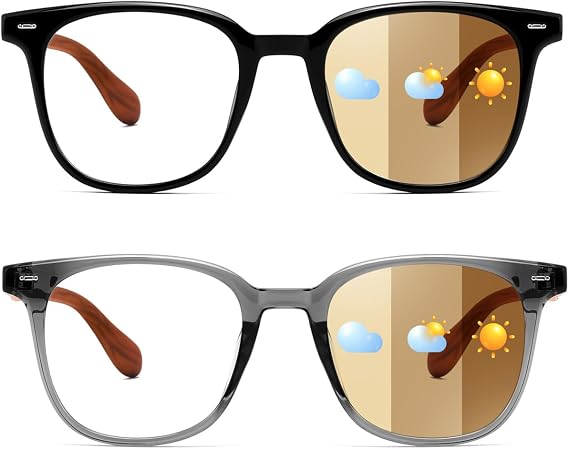 Karsaer 2 Pcs Photochromic Sunglasses Day Night Use Blue Light Blocking Computer Glasses for Men Women with Wooden Temples