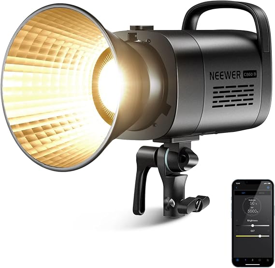 NEEWER 80W LED Video Light, 2.4G&APP Control, Bi Color 2700K-6500K 34000Lux/1m, CRI97+/12 Scenes/Bowens COB Continuous Output Lighting for Studio Photos Photograpny Video Recording Streaming, CB60B | 2700K-6500K, 34000Lux/1m, CCT, CRI97+, 12 Scenes, Bowens Mount, Bluetooth, Reflector, Power Cord, Studio Video Recording