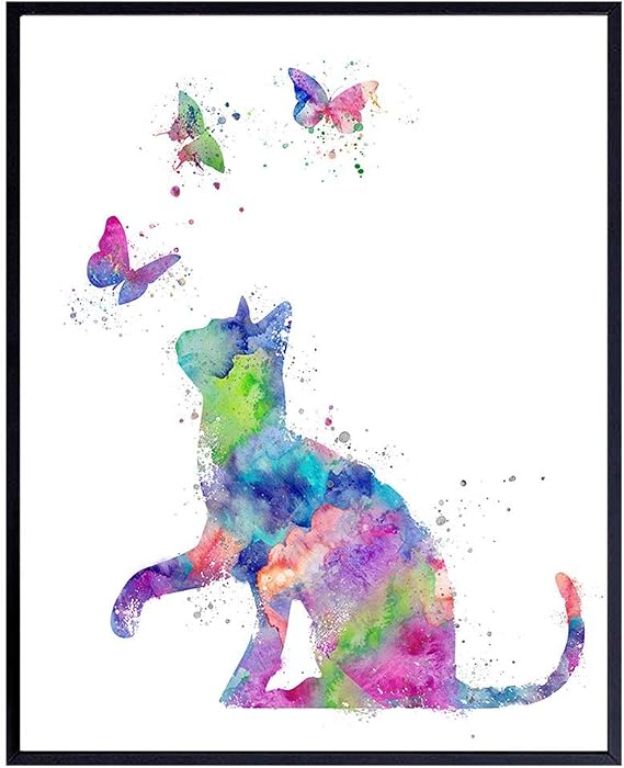 Cat and Butterfly Watercolor Poster Print - Kitten Decor 8x10