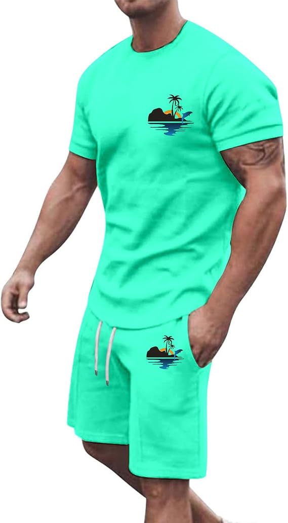 Mens Summer Outfits 2 Piece Shorts T Shirt Sets Clearance Hawaiian Printed Tracksuit Set Round Neck Short Sleeve Tops and Drawstring Shorts Suit Gym Sport Beach Sets Casual Loose Co Ord Set M-3XL