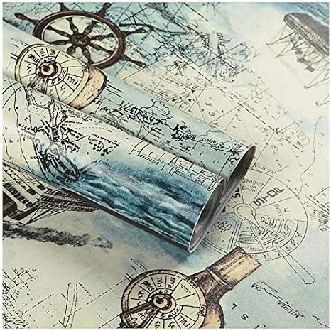 LEPENDOR Decorative Wallpaper Self-Adhesive Wallpaper Retro Style Printed Stick Paper Easy to Apply Peel and Stick Wallpaper (0.45 x 3 m, Nautical Map)