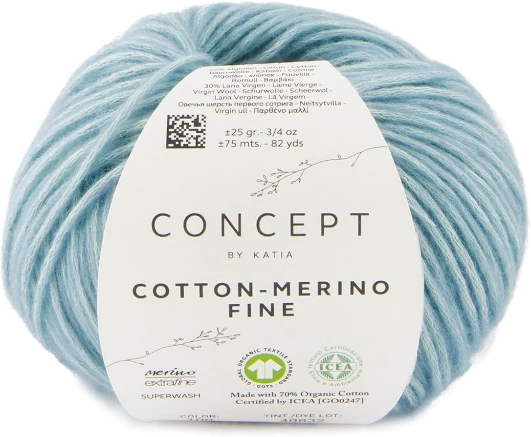Concept 25g Cotton - Merino Fine - Colour: 100 - Blue - A voluminous yarn made from organic cotton and best merino wool, combined in a delicate chain structure