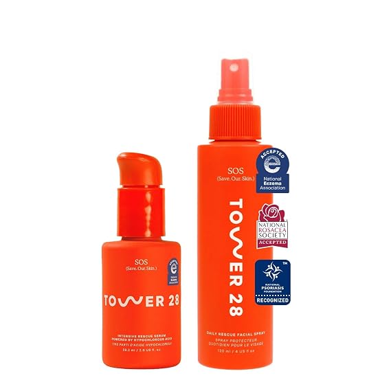 Tower 28 SOS Skin Care Set - Facial Spray (4 Oz) + Rescue Serum (2 Oz) - Hypochlorous Acid Spray + Face Serum to Calm Irritated + Reactive Skin - Gently Helps Reduce Redness + Blemishes (2 Count)
