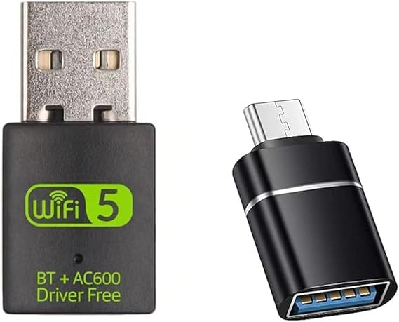 USB WiFi Adapter,600Mbps WiFi Bluetooth Adapter(Includes a USB-A to Type C connectors),Dual Band 5G/2.4G Wireless Network Adapter for Desktop Laptop PC,Supports Windows 7/8/8.1/10/11