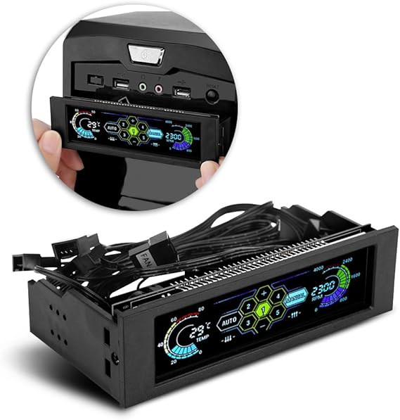 5-Fans Speed Computer Fan Controller CPU Temperature Sensor PC Cooling Fan Controller Front Panel Date Time Temperature Display Drive Bay