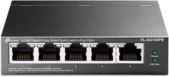 TP-Link TL-SG105PE 5-Port Gigabit Managed LAN PoE Switch with 4 PoE+ Ports (65 Watt IEEE-802.3af/at Easy Configuration IGMP QoS VLAN Fanless Robust Metal Housing) Black