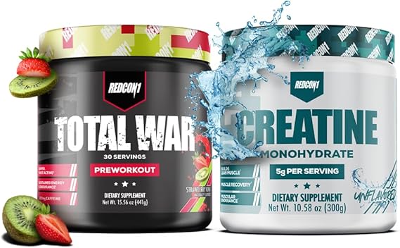 REDCON1 Total War Pre Workout, Strawberry Kiwi 30 Servings + Creatine Monohydrate 60 Servings Bundle
