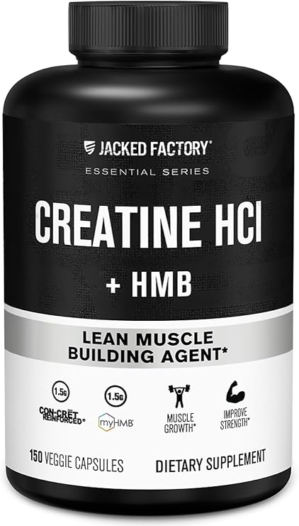 Jacked Factory Creatine HCL + HMB Capsules - Synergistic CON-CRET, myHMB, Vitamin D Formula for Improved Growth, Strength, Reduced Muscle Breakdown - 150 Capsules