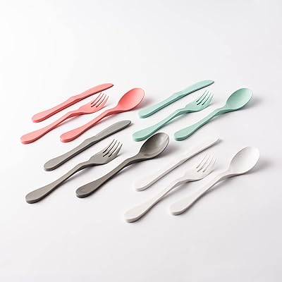 KNORK Eco 12 Piece Fork, Knife, Spoon Plant Based Cutlery Bamboo Reusable Flatware Set, Mint, coral, white, gray