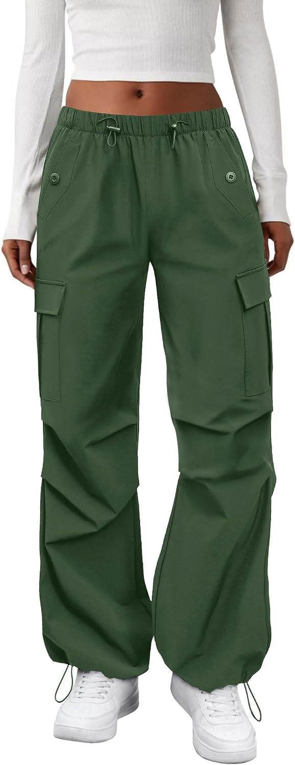 Cargo Pants Women Elastic Waisted Parachute Hiking Pants with Pockets Water-Resistant Lightweight Baggy Pants