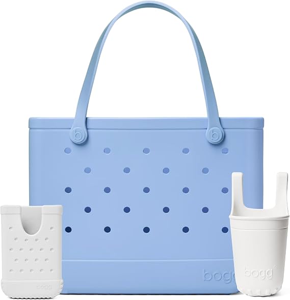 BOGG BAG Original, Large Tote (Carolina on My Mind) + Bevy Beverage Holder & Call Me Phone Holder (For Shore White) Durable, Washable, Tip-proof Beach, Pool, Boat, Work, Sports