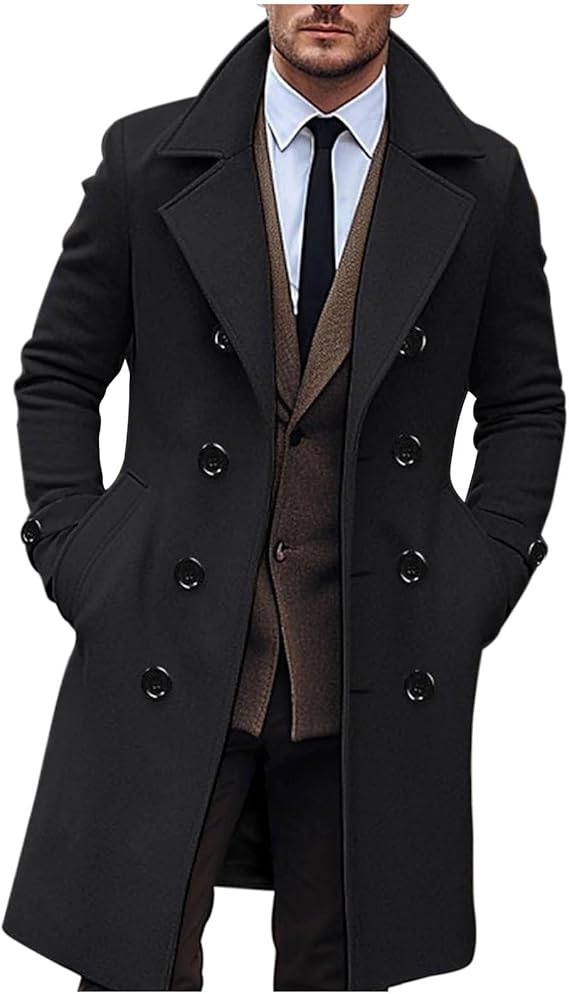 AEGJEGVD Wool Coats for Men UK Clearance,Long Trench Coat Mens Solid Turndown Long Sleeve Classic Business Coat Winter Casual Slim Fit Double Breasted Overcoat Windbreaker Warm Pea Coat S-3XL