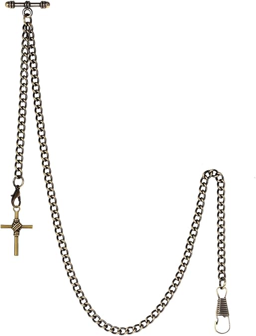 TREEWETO Men's Albert Chain Pocket Watch Curb Link Key Chain 2 Hooks with Antique Cross Pendant Design Charm Fob T Bar