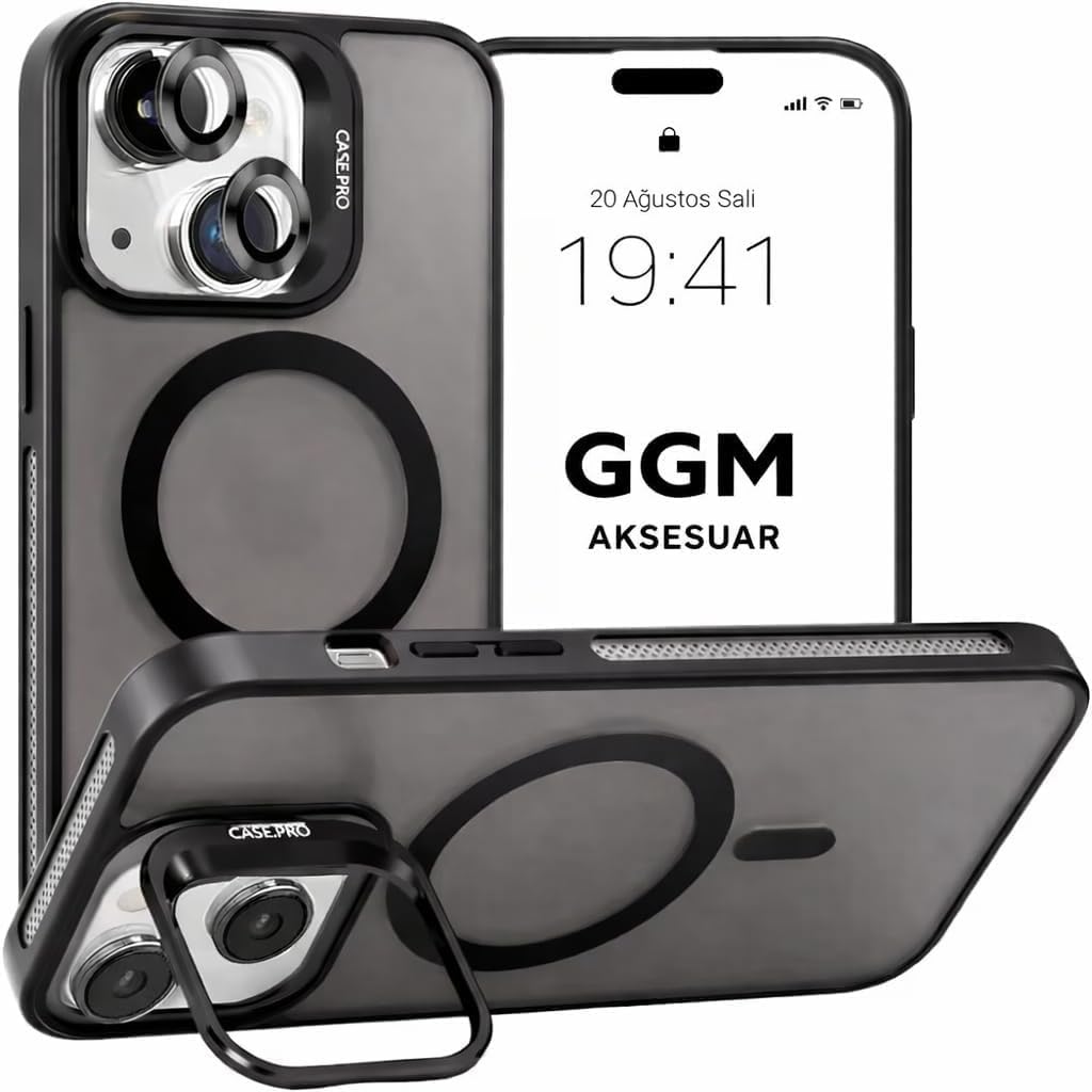 GGM GİYİM & AKSESUAR MagSafe ile Uyumlu Kamera Lens Korumalı Şeffaf PC Telefon Kılıfı – Manyetik Standlı, Darbe Emici (Siyah, iPhone 11)