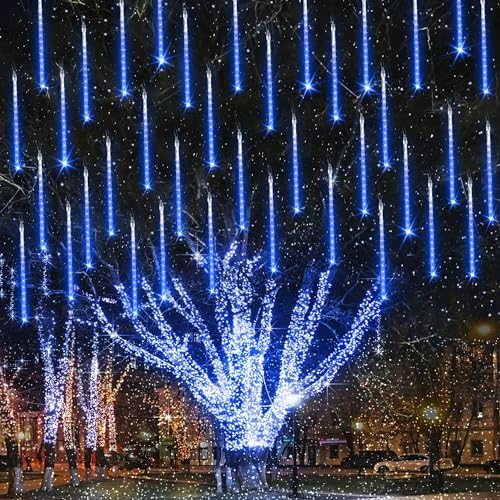 Joomer 2Pack Christmas Lights Outdoor, 11.8 inch 10 Tubes 240 LED Meteor Shower Lights, LED Falling Icicle Cascading Light with Timer Waterproof and Connectable for Christmas Decoration Blue