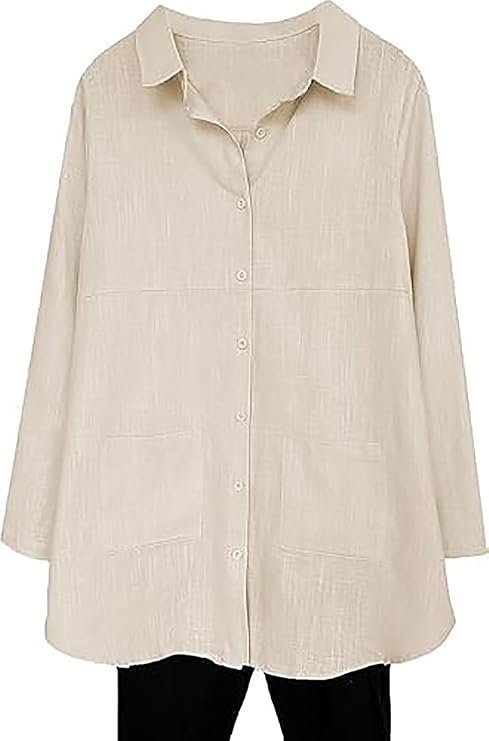 Minibee Women's Linen Shirts Button Down Long Sleeve Tunic Tops | Casual Collared Blouses, Business Work Tops with Pockets, Loose Fit, Vacation Wear, Solid Color Outfits
