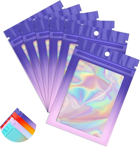 Funfery 100 Pack Gradient Holographic Bags,Mylar Resealable Bag with Zipper,Clear Window Packaging Pouch,Smell Proof Foil Bags for Food Storage,Sample Jewelry Baggies(2.73.9in,Purple Pink)