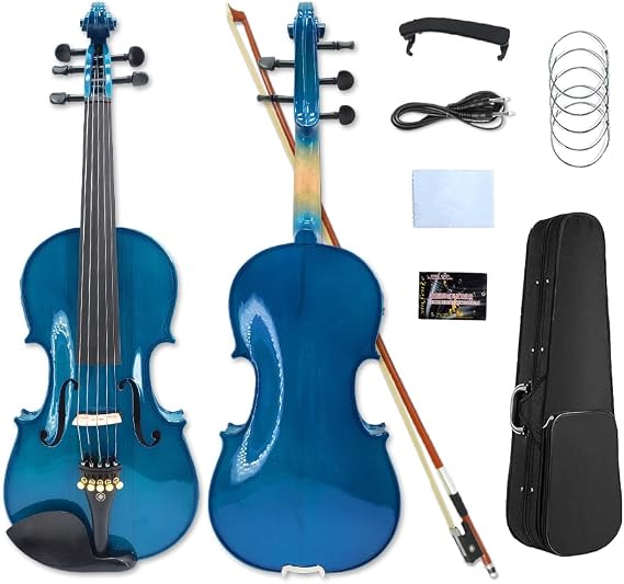 Acoustic Electric Violin 4/4 Full Size, 5 string Solid Maple Spruce with Ebony Fittings, Free Case and Bow, Beginner Kit for Adults(Blue)