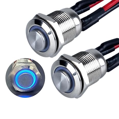 2pcs 12mm Metal Momentary Push Button Switch 12V-24V (ON)-Off Waterproof IP66 1NO Raised Head Silver Shell for 1/2" Mounting Hole with Pre-soldered Cable Halo Ring (Blue LED Light)