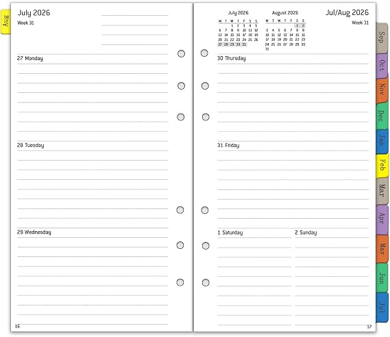YHH 2026 2027 Diary Refill Personal Size, Week on Two Pages, Aug 2026 to Jul 2027, Monthly Weekly Planner with Tabs, Academic Calendar Inserts Compatible with Filofax Personal Organiser, 9.5x17.1cm