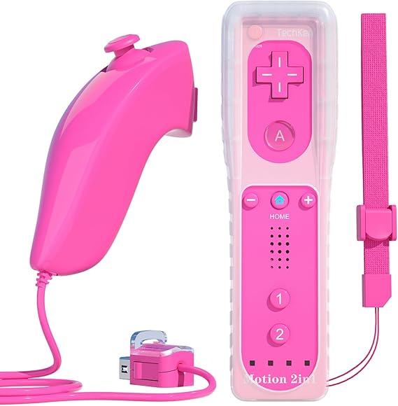 TechKen Remote Controller for Wii, Built-in 2 in 1 Motion Plus with Silicon Case and Nunchuck (Pink)