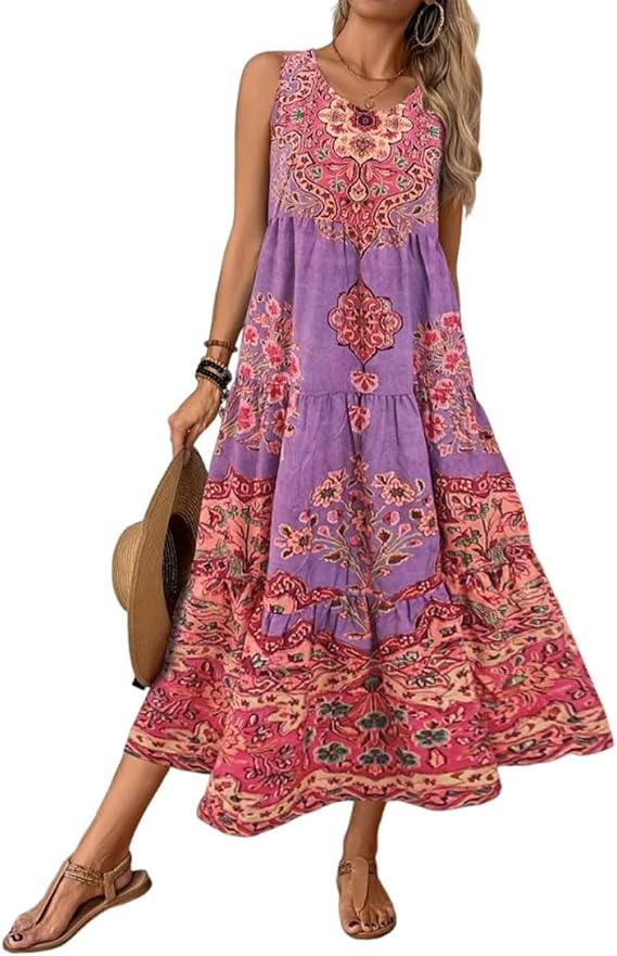 Scacto Women Loose Sundress Sleeveless Maxi Long Beach Boho Floral Dress Beach Cover Up Purple