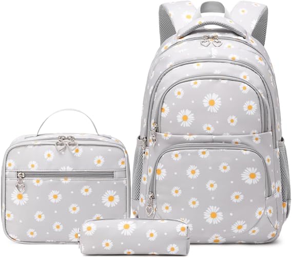 Daisy Kids Backpack for Girls, Multi Pocket School Bags with Lunch Box for Elementary, Teen Girls Bookbag Set