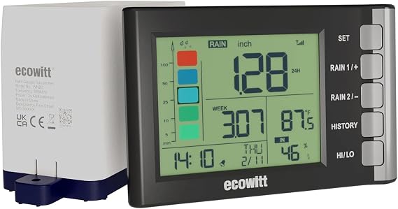 ECOWITT WH5370 Wireless Rain Gauge, Includes WN20 Tipping-Bucket Collector Sensor and WH5370_C Display Console, for Rainfall History, Alerts, Indoor Temperature & Humidity, and Date&Time, 915 MHz