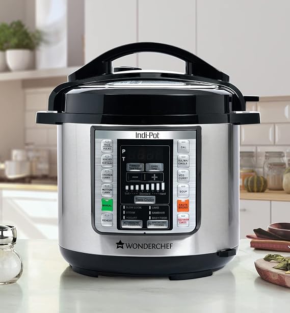 Wonderchef 6 Quart Indian Cooking Multi-use Programmable 7-in-1 Stainless Steel Pressure Cooker, Steamer, Yogurt Maker, Saute, Rice Cooker, Warmer and Slow Cooker; 6-quarts