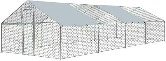Large Metal Chicken Coop, Chicken Runs for Yard with Cover Walk-in Poultry Cage for 10 20 Chickens, Chicken Pen Duck Coop Hen House with Double Lockable Doors and Feeding Door 9.84Lx19.68Wx6.6H FT