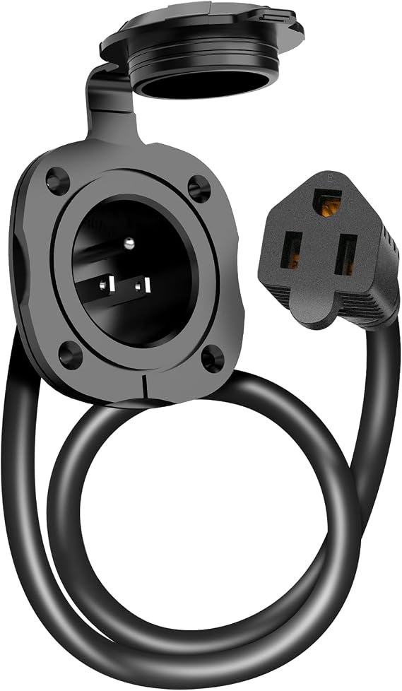 WELLUCK RV Shore Power Inlet Charger Plug 20 Amp 125V AC Power Inlet Port Plug with Integrated Dual 18" Extension Cord, RV Flanged Inlet with Waterproof Back Cover (15Amp AC Port Plug)