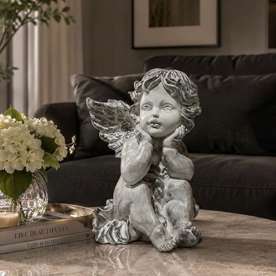 Düşünen Melek Heykeli 22 cm, El Yapımı Gümüş Eskitme Taş Tozu Biblo
