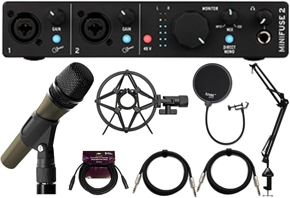 Arturia MiniFuse 2 USB-C Audio Interface Bundle with Microphone, Stand, Shock Mount, XLR Cable, Pop Filter, and 2x TRS Cable (Black) (8 Items) | Includes Microphone, Stand, Shock Mount, XLR Cable, Pop Filter, and 2x TRS Cable (Black)