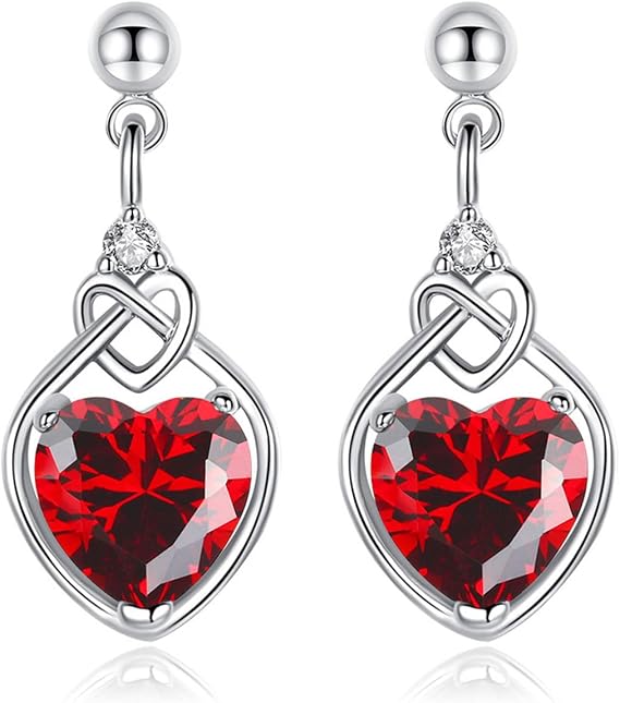 CERSLIMO Jewellery Set for Women - Garnet Diamond Heart Pendant Necklace, Dangle Earrings for Women & Adjustable Silver Rings Set | Jewellery Set for Girlfriend Wife Wedding Christmas Gifts for Her