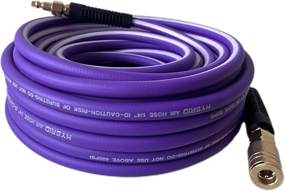 Air Hose 1/4 in x 50 ft, Heavy Duty, Lightweight, Kink Resistant, Hybrid Air Compressor Hose with 1/4 in Solid Brass Male Fittings, Bend Restrictors, 400 PSI(50FT, Purple White)
