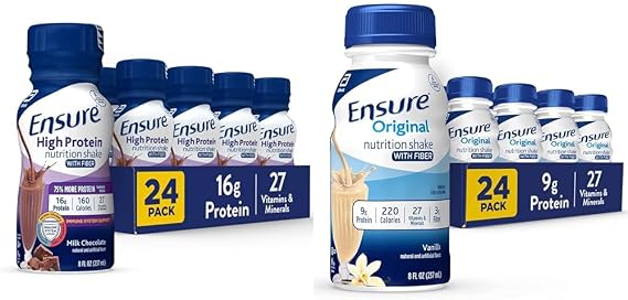 Ensure High Protein Nutritional Shake With Fiber & Ensure Original Vanilla Liquid Nutrition Shake With Fiber | gluten free Meal Replacement Shake | 24 Pack | Bottle