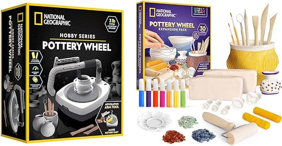 NATIONAL GEOGRAPHIC Hobby Pottery Wheel Kit - 8" Variable Speed Pottery Wheel for Adults & Teens with Innovative Arm Tool & Pottery Wheel Refill Kit 2 lbs. Air Dry Clay