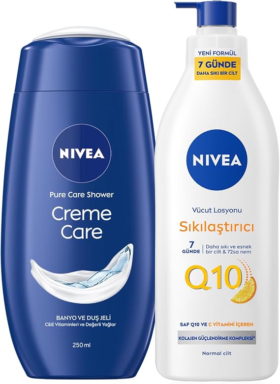 Nivea Creme Care Nemlendirici Duş Jeli 250ml ve Q10 Sıkılaştırıcı Vücut Bakım Losyonu 400ml, C Vitamini