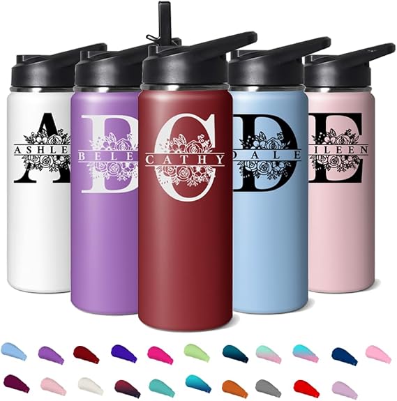 Personalized Water Bottles A-Z Initial Name 18/32/40oz Custom Stainless Steel Insulated Bottles with Straw Lid Customized Gift for Sport Gym Work School