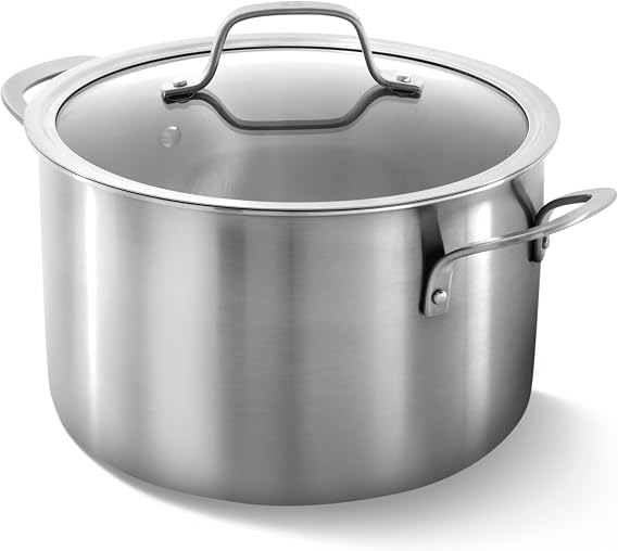 Calphalon Brushed 3-Ply Stainless Steel Cookware Set w/Turbo Heat Tech 6Qt Stock Pot with Lid, Induction, Oven Safe 450F, Brushed Stainless Silver