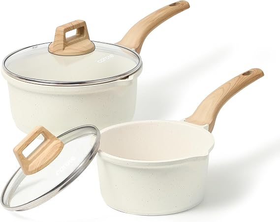 CAROTE Nonstick 1.5Qt & 3.0Qt Sauce Pan Sets with Lid, White