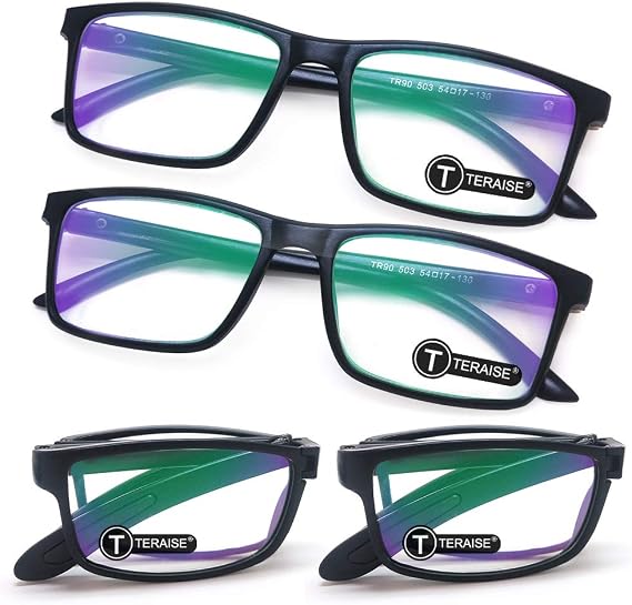 TERAISE 4-Pack Folding Reading Glasses for Men/Women,Blue Light Blocking | Clear Resin Lens,Folden Reader,Anti Eyestrain Dryness,for Small Print/Computer/Menu,with Spring Hinges/Portable Case,Black